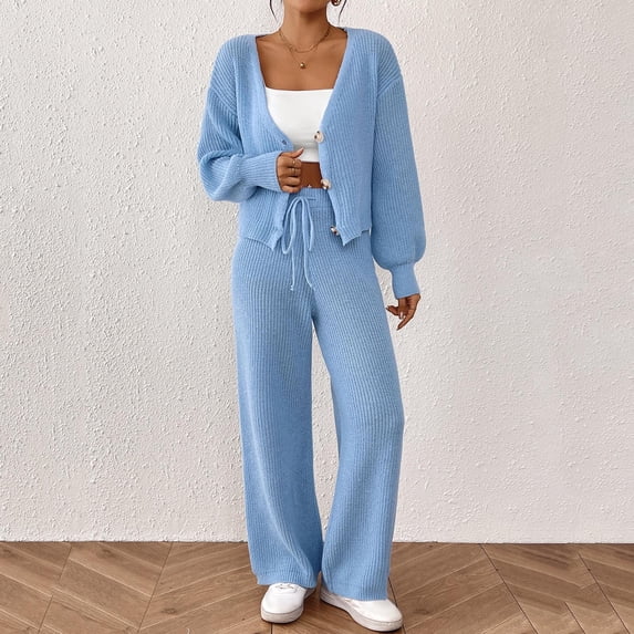 2 Piece Outfits Sweatsuit Women Sweater Outfits V Neck Button Front Knit Cardigan Wide Leg Pants Set Drawstring Ribbed Knitwear Casual Loungewear Two Piece Outfit Sky Blue L