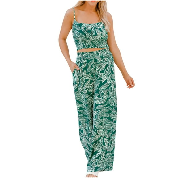 2 Piece Outfits for Women 2023 Summer Crop Tops Wide Leg Pants Set Women's Printed Halter Vest Wide Leg Trousers Two-Piece Sleeveless Crewneck Top/Shirt Suit Green L