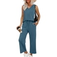thumbnail image 1 of 2 Piece Outfits Women Fall Lounge Sets V Neck Tops Wide Leg Pants Vacation Travel Sweatsuits with Pockets, 1 of 6