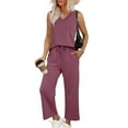 thumbnail image 1 of 2 Piece Sets for Women Summer Lounge Sets Travel Vacation Outfits V-Neck Side Slit Cap Sleeve Sweatsuit Wide Leg Pants, 1 of 6