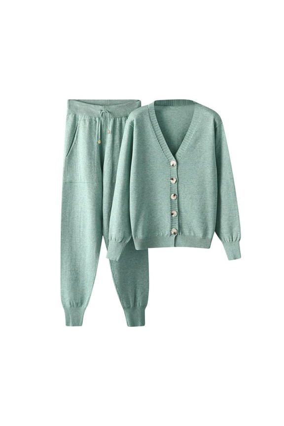 2 Piece Outfits Women Knitted Sweater Sets V Neck Knit Button Down Cardigans Ribbed Joggers Pants Lounge Sets Casual Long Sleeve Trousers One Size Elegant Homewear Tracksuit Ladies