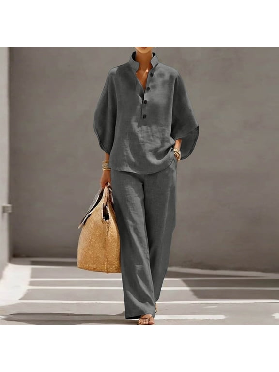 2 Piece Outfits for Women Linen Shirt and Shorts Co Ord Sets Button Drawstring Waist Loose Shorts Ladies Tracksuit Summer Beach Vacation Travel Clothes Gray XL
