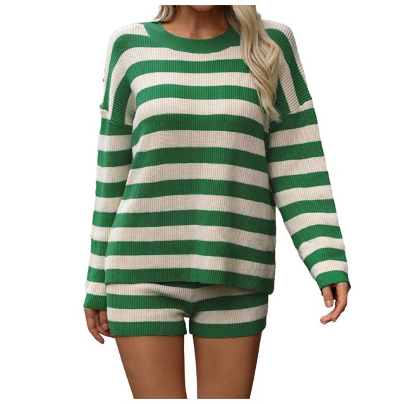 2 Piece Outfits Women Striped Knitted Color Block Oversized Long Sleeve Sweater and Shorts Set Casual Fall Trendy Cozy Loose Outfits