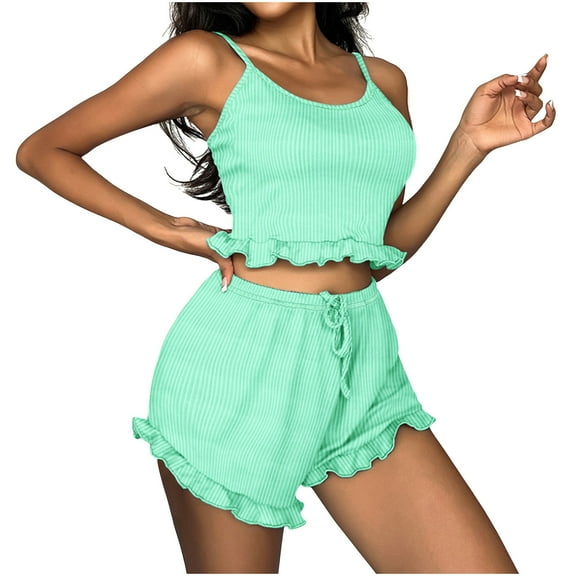 2 Piece Outfits for Women Summer Sleeveless Round-Neck Blouses & Shirts Sets Women 2 Piece Outfit Set Sleeveless Tops Short Pants Nightshirt Homewear Pajamas Vacation Outfits Green m