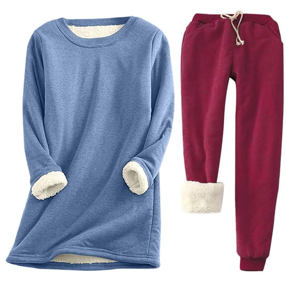 2 Piece Outfits For Women Sweatshirts Sets Crew Neck With Thickened Insulation Long Sleeved And Pocket Solid Color Fall Wine Jogger Sweat Pants Set S-5XL