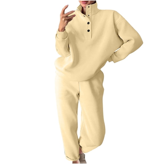 2 Piece Outfits For Women Sweatshirts Sets Solid Color Button Up Colla Versatile Casual Hoodie Loose Long Sleeved Round Neck Fall Beige Jogger Sweat Pants Set S-XL
