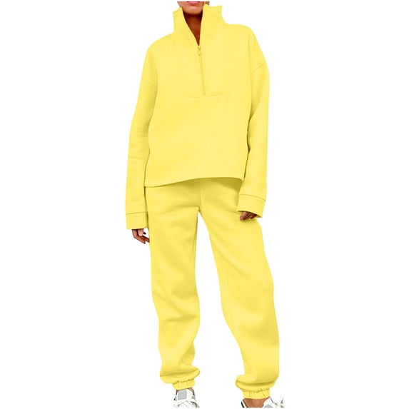 2 Piece Outfits For Women Sweatshirts Sets Solid Color Classic Versatile Casual Straight Long Sleeved Round Neck Fall Yellow Jogger Sweat Pants Set S-XL