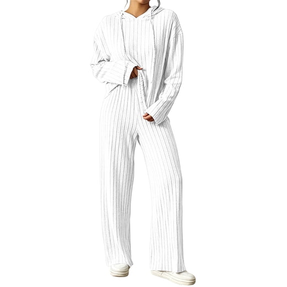 2 Piece Outfits Women Sweatsuits Drawstring Knitted Ribbed Hooded Sweatshirts Lounge Set Sweater Tops and Pant Two Piece Set