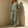 thumbnail image 1 of 2 Piece Outfits For Women, V Neck Pullover Blouse & Drawstring Pants Set, Solid Color Casual Summer Travel Clothes, Comfy Lounge Set With Pockets Army Green XL, 1 of 6