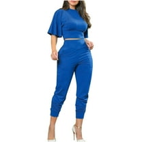 2 Piece Outfits for Women Womens Lounge Sets Flared Sleeve Cropped Pullover Tops and High Waist Long Pant Matching Set Plus Size Casual Solid Suit Sets with Pocket Holiday