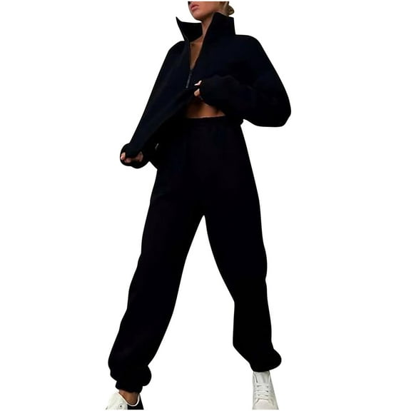 2 Piece Outfits Women's Fleece Lined Sweatsuits Long Sleeve Hoodie and Sweat Pants Winter Warm Zip Up Tracksuit Set