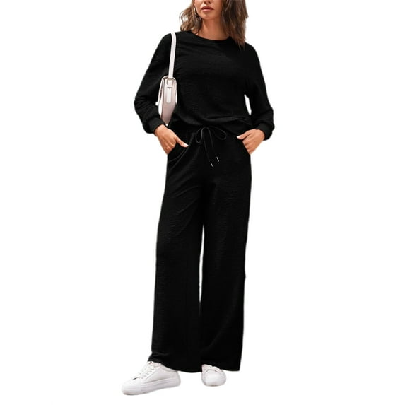 2 Piece Outfits Womens Long Sleeve Crewneck Tops & Wide Leg Pants Set Casual Tracksuits With Pockets