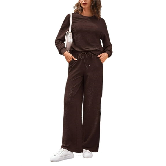 2 Piece Outfits Womens Long Sleeve Crewneck Tops & Wide Leg Pants Set Casual Tracksuits With Pockets