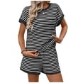 thumbnail image 1 of 2 Piece Outfits Womens Striped Print Loose Fit Summer Casual Shorts Set with Crewneck Short Sleeve Tops (M, Black), 1 of 8