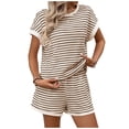 thumbnail image 1 of 2 Piece Outfits Womens Striped Print Loose Fit Summer Casual Shorts Set with Crewneck Short Sleeve Tops (S, Khaki), 1 of 8