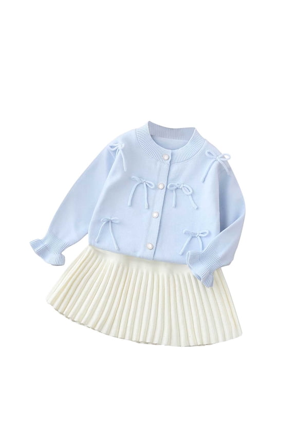2 Piece Outfits for Girls Fall Spring Fashion Bowknots Button Up Cardigan Sweater and Pleated Short Skirts Set (1 Years, Blue)