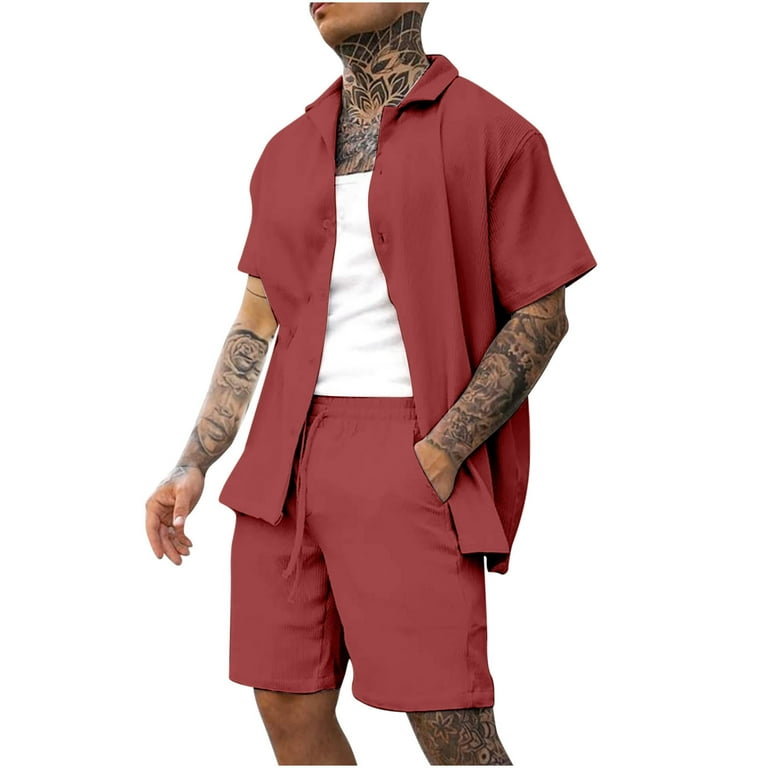 2 Piece Outfits for Men Fashion Ribbed Summer Matching Set Casual Beach Button Up Shirts and Shorts with Pockets XX Large Watermelon Red Walmart
