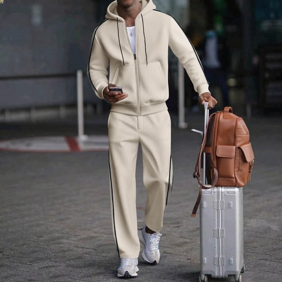 2 Piece Outfits for Men Solid Waffle Knit Hooded Cardigan Jacket and Straight Leg Pants Set Elastic Drawstring Waist Casual Two Piece Tracksuit