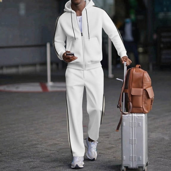 2 Piece Outfits for Men Solid Waffle Knit Hooded Cardigan Jacket and Straight Leg Pants Set Elastic Drawstring Waist Casual Two Piece Tracksuit