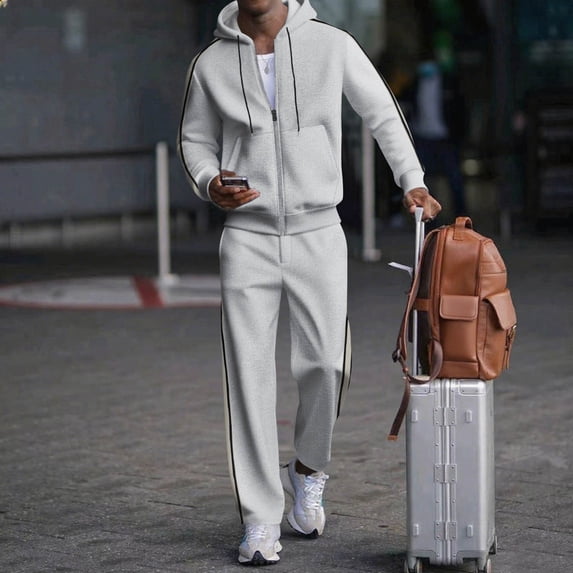 2 Piece Outfits for Men Solid Waffle Knit Hooded Cardigan Jacket and Straight Leg Pants Set Elastic Drawstring Waist Casual Two Piece Tracksuit