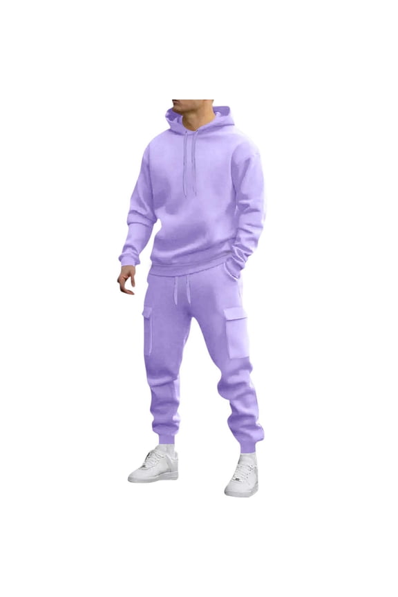 2 Piece Outfits for Men Sweatsuits Drawstring Sweatshirt Cargo Pants Fall Tracksuits Lounge Sets with Hooded Purple L