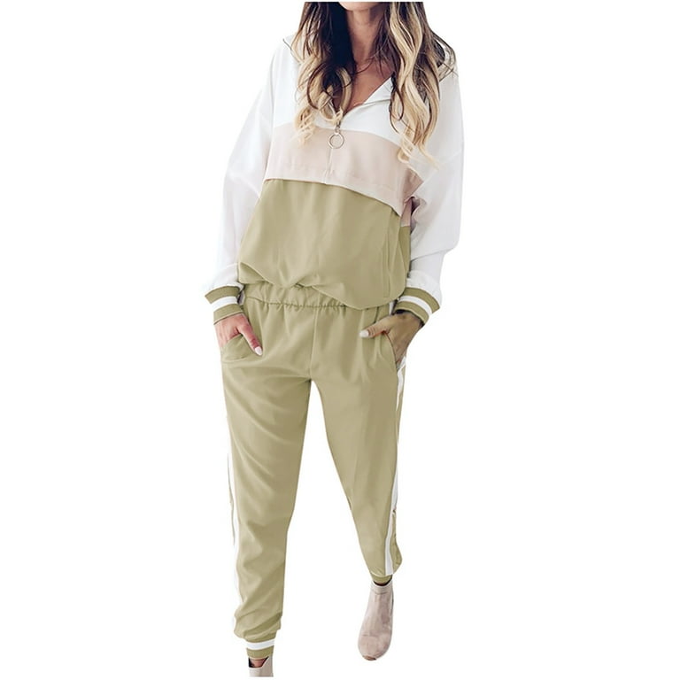 2 Piece Outfits for Women Casual Color Block Zip Up Hoodie