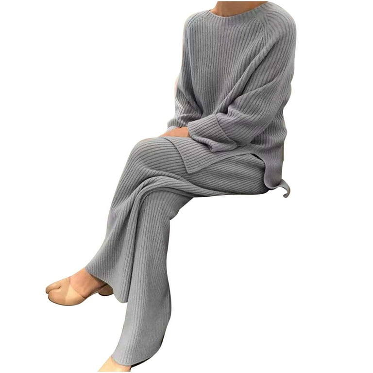 2 Piece Outfits for Women Casual Crewneck Long Sleeve Knit Sweaters and  Pants Sweatsuits Cozy Loungewear Sets