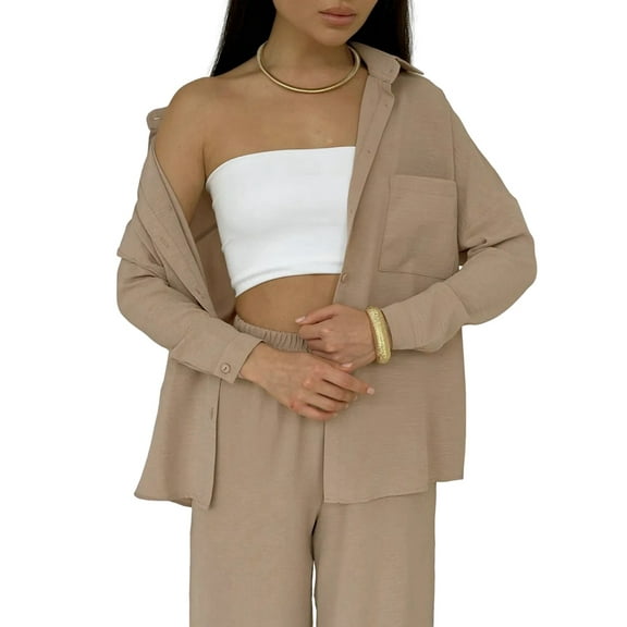 2 Piece Outfits for Women Casual Lounge Sets Long Sleeve Button Down Shirts and Wide Leg Pants Sets Camel S