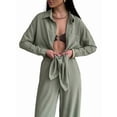 thumbnail image 1 of 2 Piece Outfits for Women Casual Lounge Sets Long Sleeve Button Down Shirts and Wide Leg Pants Sets  Green L, 1 of 8