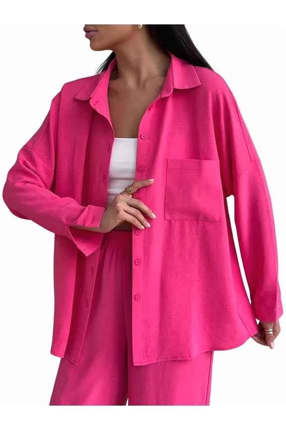 2 Piece Outfits for Women Casual Lounge Sets Long Sleeve Button Down Shirts and Wide Leg Pants Sets Rose Red XXL