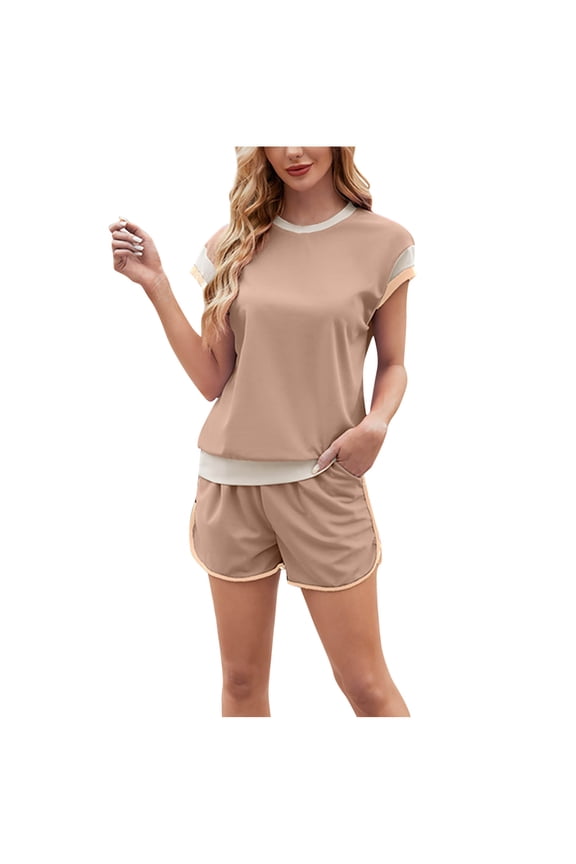2 Piece Outfits for Women Color Block Crew Neck Short Sleeve Top and Shorts Lounge Matching Set Tracksuits