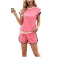 thumbnail image 1 of 2 Piece Outfits for Women Color Block Crew Neck Short Sleeve Top and Shorts Lounge Matching Set Tracksuits, 1 of 5