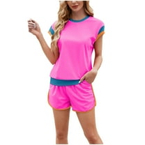 2 Piece Outfits for Women Color Block Crew Neck Short Sleeve Top and Shorts Lounge Matching Set Tracksuits