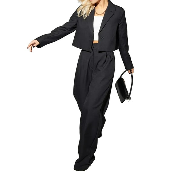 2 Piece Outfits for Women Dressy Blazer Jackets High Waisted Straight Leg Pants Suits Set Business Casual Black M