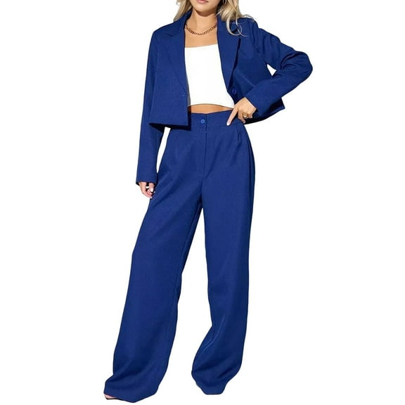 2 Piece Outfits for Women Dressy Blazer Jackets High Waisted Straight Leg Pants Suits Set Business Casual Blue XL