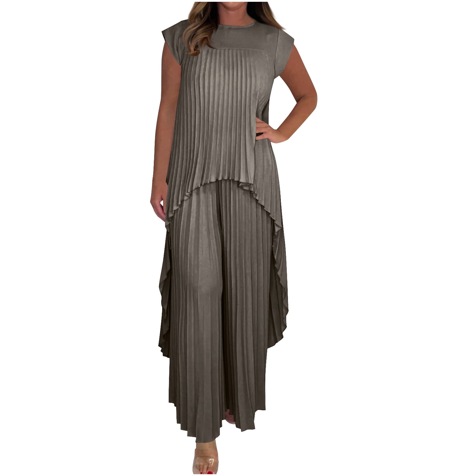 2 Piece Outfits for Women Dressy Pleated Wide Leg Pants Set - Asymmetric Hem Loose Tunic Tops Matching Lounge Sets