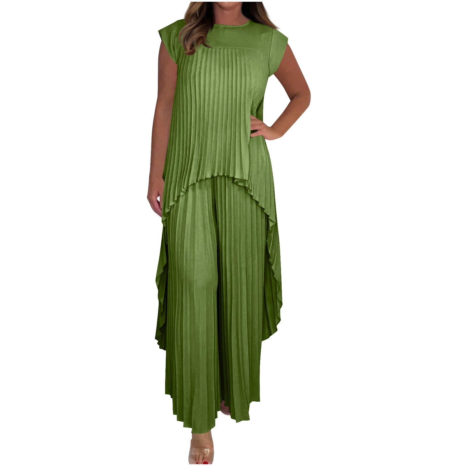 2 Piece Outfits for Women Dressy Pleated Wide Leg Pants Set - Asymmetric Hem Loose Tunic Tops Matching Lounge Sets
