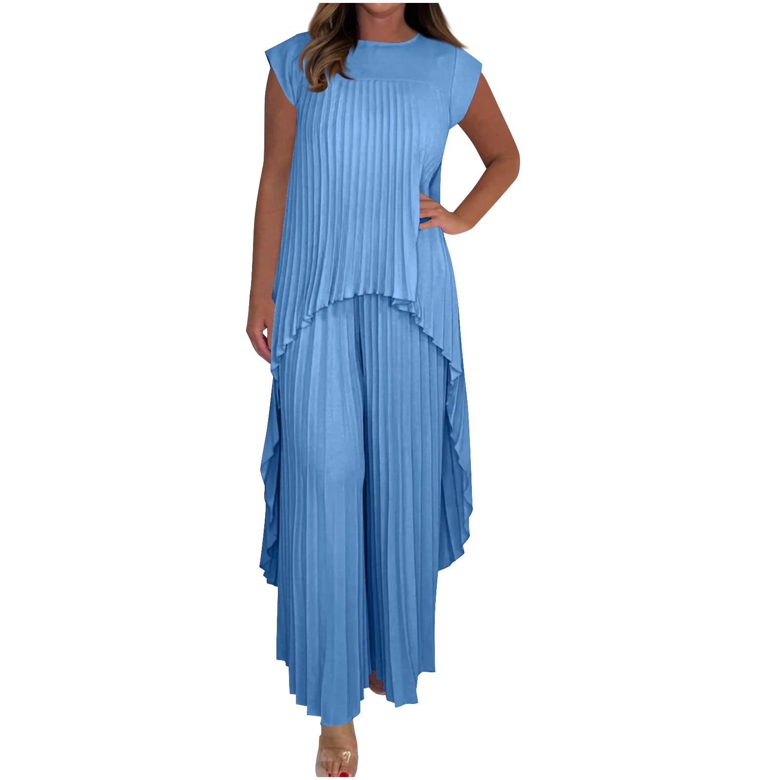 2 Piece Outfits for Women Dressy Pleated Wide Leg Pants Set - Asymmetric Hem Loose Tunic Tops Matching Lounge Sets