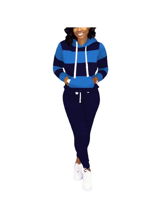 2 Piece Outfits for Women Jogging Suits Tracksuit Sweatsuit Lounge Set Hoodie Sweatshirt Pant Sets Dual Blue L