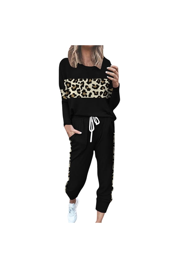2 Piece Outfits for Women Leopard Patchwork Lounge Sets - Pullover Long Sleeve Tops Jogger Pants Matching Sweatsuits