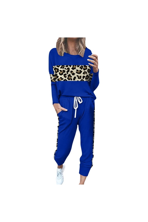 2 Piece Outfits for Women Leopard Patchwork Lounge Sets - Pullover Long Sleeve Tops Jogger Pants Matching Sweatsuits
