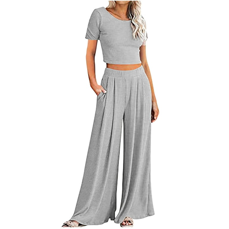 Women Clothing Ribbed Long Sleeve Crop Top + Wide Leg Pants Two