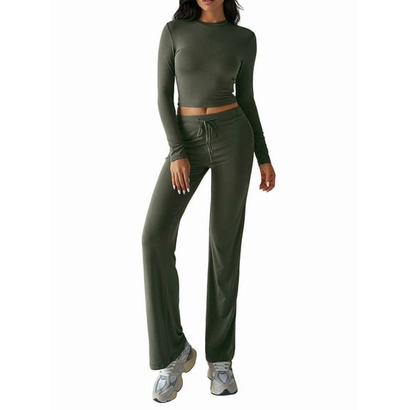 2 Piece Outfits for Women Long Sleeve Crew Neck Crop High Waist Flare Pants Tracksuit Sets Streetwear  Green S