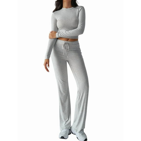2 Piece Outfits for Women Long Sleeve Crew Neck Crop High Waist Flare Pants Tracksuit Sets Streetwear Grey XL