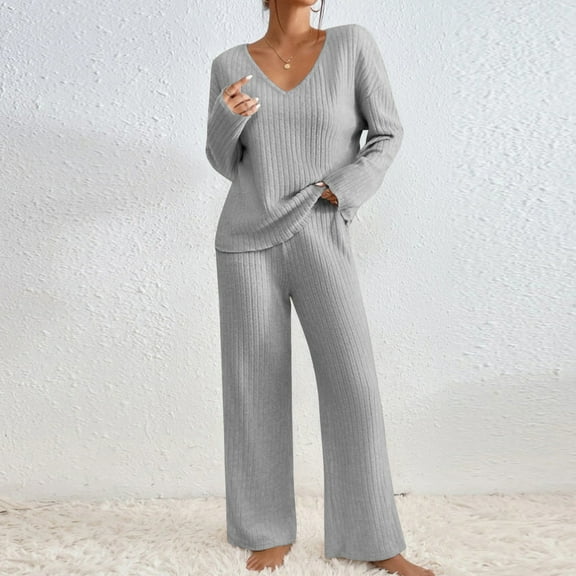 2 Piece Outfits for Women Long Sleeve Knit Sweater Top and Wide Leg Pants Ribbed Lounge Matching Set Fall Winter Gray M
