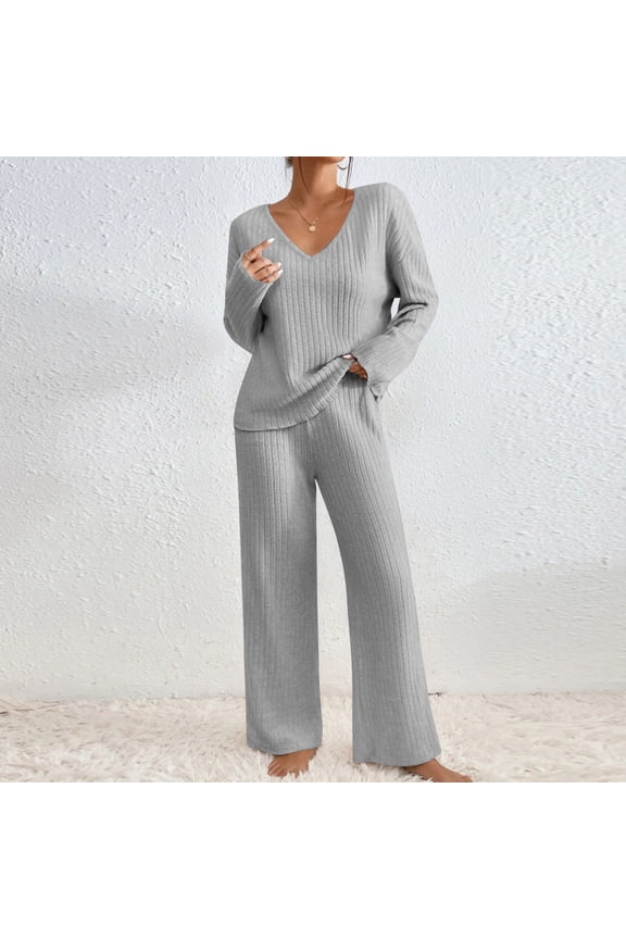 2 Piece Outfits for Women Long Sleeve Knit Sweater Top and Wide Leg Pants Ribbed Lounge Matching Set Fall Winter Gray M