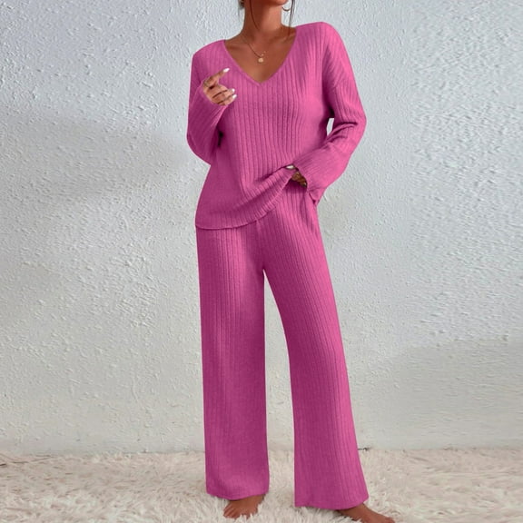 2 Piece Outfits for Women Long Sleeve Knit Sweater Top and Wide Leg Pants Ribbed Lounge Matching Set Fall Winter Hot Pink XL