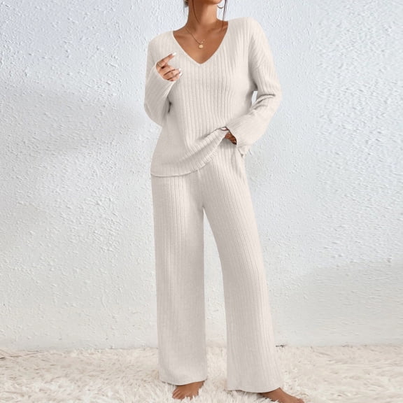 2 Piece Outfits for Women Long Sleeve Knit Sweater Top and Wide Leg Pants Ribbed Lounge Matching Set Fall Winter Khaki L