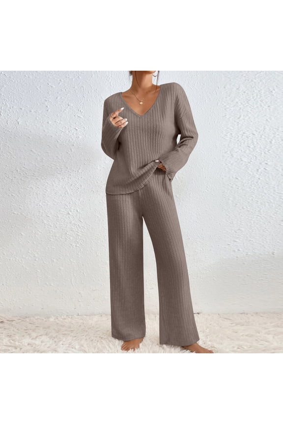 2 Piece Outfits for Women Long Sleeve Knit Sweater Top and Wide Leg Pants Ribbed Lounge Matching Set Fall Winter Light Brown L