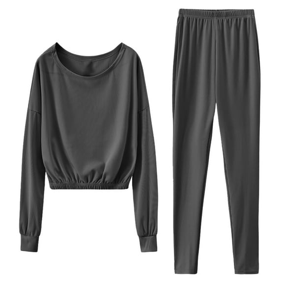 2 Piece Outfits for Women Long Sleeve Pants Sweatsuits Women's Fashion Home Suit Pullover Crewneck Sweatshirt Solid Color Lounge Sets (Dark Gray M）